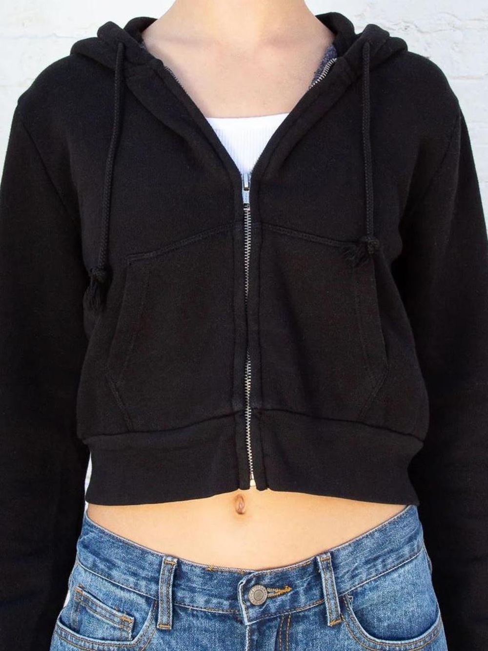 Brandy Melville Women's Black Cropped Zip Hoodie